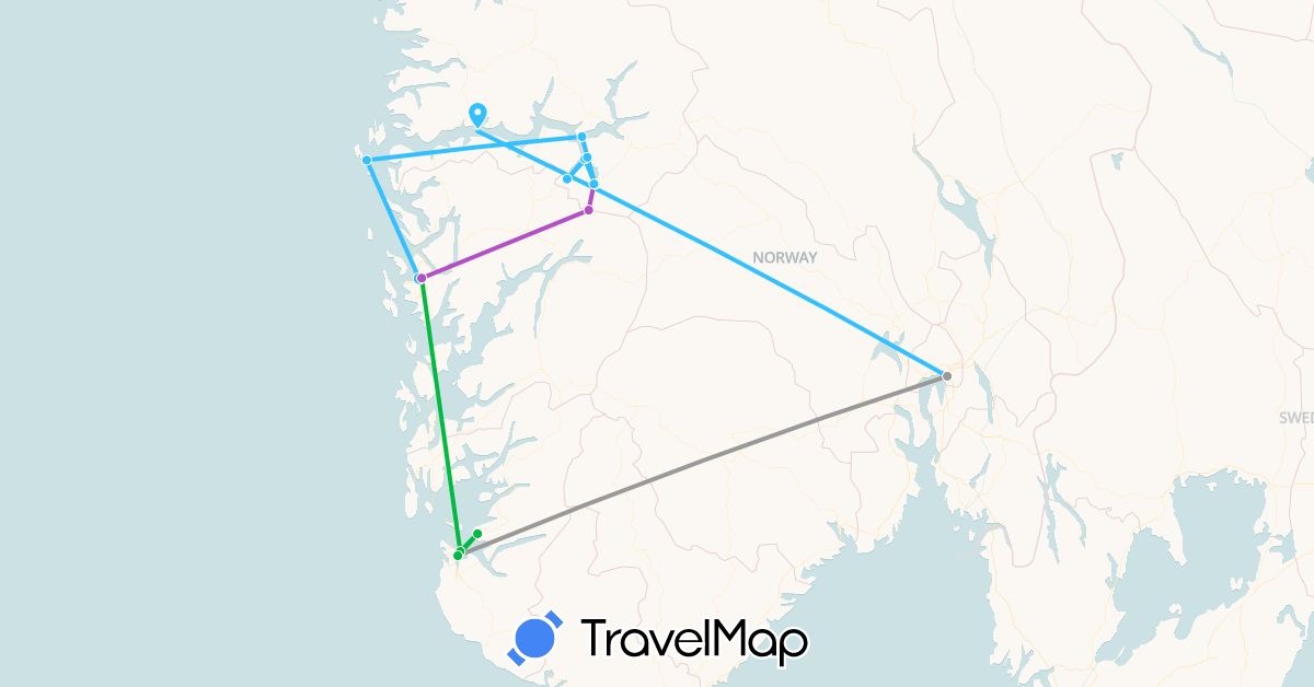 TravelMap itinerary: bus, plane, train, boat in Norway (Europe)
